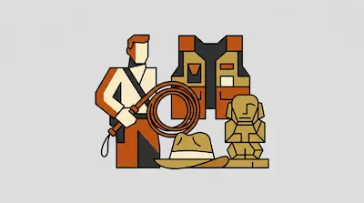 Flat illustration of an explorer with a whip, a brown fedora, a utility vest, and a stone idol on a gray background
