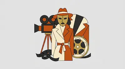 Flat illustration of a masked figure in a trench coat surrounded by a film camera, a movie reel, and film strips.