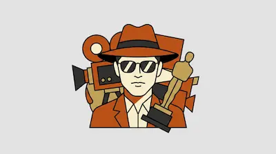 Flat illustration of a man in a fedora and sunglasses holding a gold trophy with a vintage film camera in the background