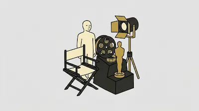 Flat illustration of a film set with a director chair, a gold award statue, a movie reel, and a human figure