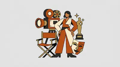 Flat illustration of a woman standing by a film camera, a director chair, and a golden award statue on a gray background