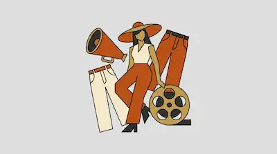 Flat illustration of a woman in a wide hat surrounded by a megaphone, film reel, and trousers on a gray background