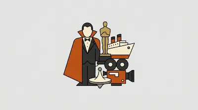 Flat illustration of a man in a tuxedo and cape next to a gold trophy, a cruise ship, and a vintage movie camera.