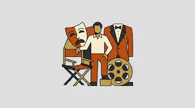 Flat illustration of an actor standing by a director chair, a theater mask, a tuxedo, and a film reel on a grey background