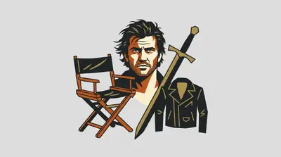 A man with stubble and windblown hair alongside a folding director's chair, a broadsword, and a leather jacket.