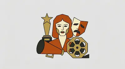 Flat illustration of an actress surrounded by a star trophy, a theater mask, and a film reel on a light gray background
