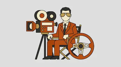 Flat illustration of a film director in a suit sitting by a vintage camera and a steering wheel on a gray background
