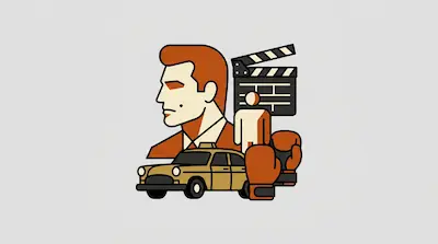 Flat illustration of a man's profile, a yellow taxi, boxing gloves, and a movie clapperboard on a gray background