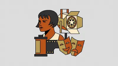 Flat illustration of a woman with short hair, a film reel, theater masks, and a studio light on a gray background