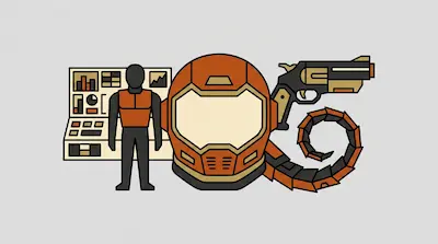 Flat illustration of a space helmet, a futuristic handgun, and a human silhouette against a control panel background