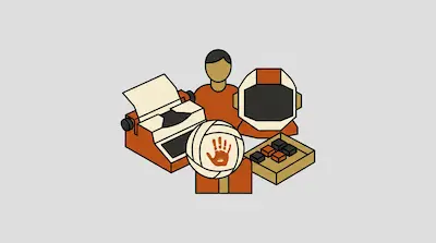 Flat illustration of a typewriter, a volleyball with a handprint, and an astronaut helmet on a grey background
