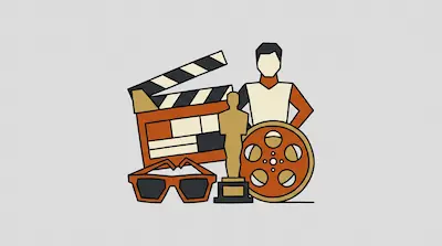 Flat illustration of cinema icons including a clapperboard, film reel, trophy, and 3D glasses on a gray background