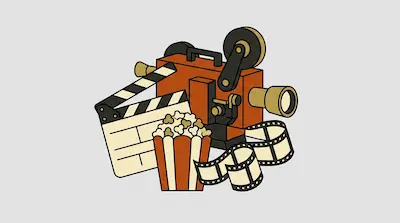 A vintage movie camera, a clapperboard, a bucket of popcorn, and a film strip.
