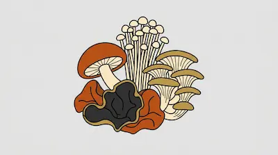 A cluster of various stylized mushrooms in shades of orange, tan, and black.