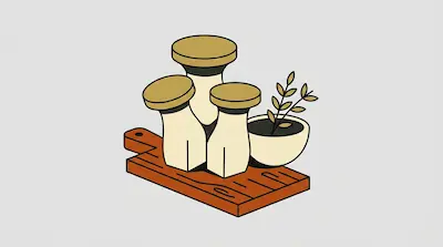Three mushrooms and a small bowl with a sprig of herbs on a wooden cutting board.