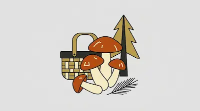 Four mushrooms with brown caps stand in front of a woven basket, a pine tree, and a pine branch.