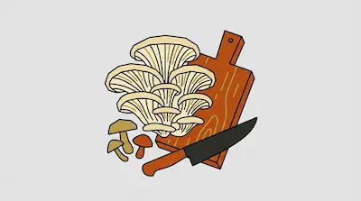 A cluster of oyster mushrooms, smaller mushrooms, a wooden cutting board, and a chef's knife.