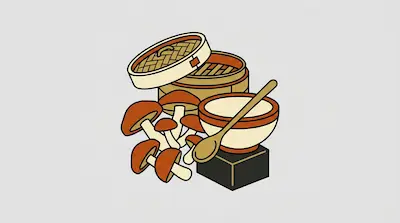 A bamboo steamer, a bowl with a spoon, and a cluster of brown mushrooms.