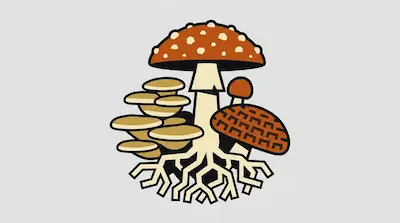 A stylized graphic of several types of mushrooms, including a large red one with white spots, clustered above a network of thick roots.