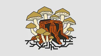 A stylized tree stump with several tan mushrooms growing on and around it.