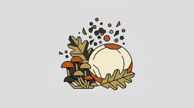 A stylized soccer ball surrounded by oak leaves and mushrooms, with small geometric shapes floating above.