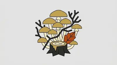 Tan mushrooms grow from a dark tree stump alongside a brown leaf and black branches.