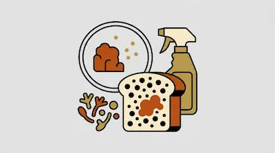 A petri dish, a slice of moldy bread, a spray bottle, and stylized microscopic organisms.