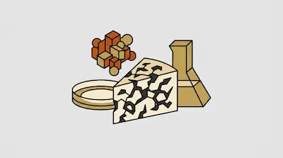 A wedge of blue cheese, a petri dish, and a laboratory flask are arranged with a cluster of orange and tan geometric shapes.
