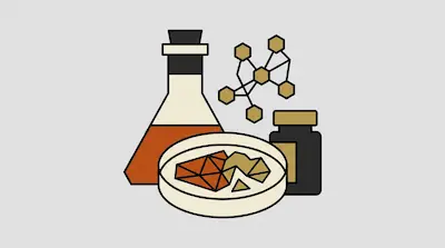 Laboratory equipment including an Erlenmeyer flask, a petri dish, a small bottle, and a molecular diagram.