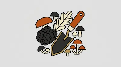 A cluster of stylized mushrooms, a truffle, a leaf, and a trowel.