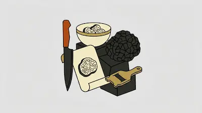 A whole black truffle, a bowl of truffle slices, a truffle shaver, and a knife arranged on dark blocks.