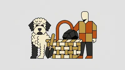 A person in a checkered jacket stands next to a curly-haired dog and a woven basket containing a large black object and a small shovel.