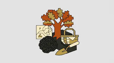 A stylized oak tree with orange and tan leaves is grouped with a map, a dark lumpy object, a picnic basket, and a trowel.