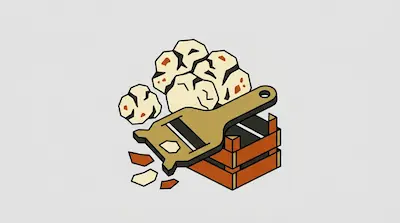 A pile of truffles, a gold truffle shaver, and a small wooden crate.