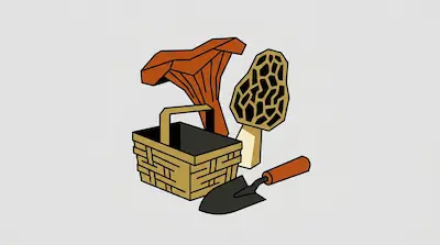 A chanterelle mushroom, a morel mushroom, a woven basket, and a hand trowel.