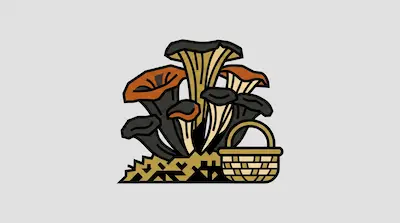 A cluster of stylized trumpet mushrooms in orange, black, and tan next to a small woven basket.