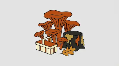 Orange chanterelle mushrooms stand behind a dark tree stump, a small wooden basket, and a single oak leaf.