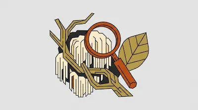 A stylized lion's mane mushroom with a magnifying glass, a branch, and a leaf.