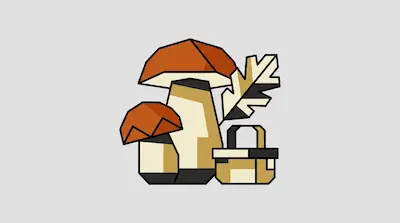 Two mushrooms, a leaf, and a basket in a stylized geometric design.