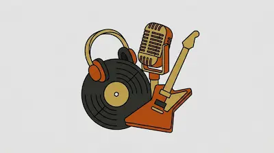 Flat illustration of a vinyl record with headphones, a vintage microphone, and an electric guitar on a gray background