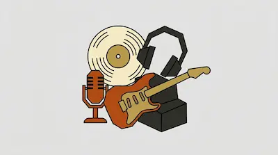 Flat illustration of a vinyl record, an electric guitar, headphones, and a microphone on a light grey background
