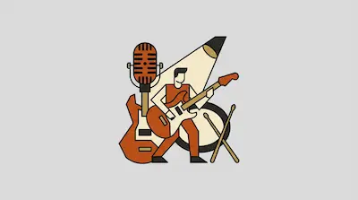 Flat illustration of a guitarist performing with a vintage microphone, drum, and spotlight on a light gray background.