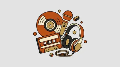 A vinyl record, a microphone, a cassette tape, and a pair of headphones with a coiled cable grouped together.