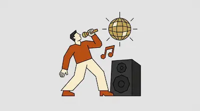 Flat illustration of a man singing into a microphone next to a speaker, a disco ball, and musical notes.
