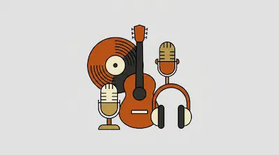 Flat illustration of a guitar, vinyl record, microphones, and headphones in orange and tan tones on a gray background