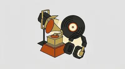 Flat illustration of a vintage gramophone, a vinyl record, and headphones illuminated by a studio spotlight