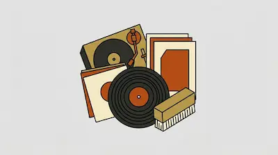 Flat illustration of a vinyl record player, stacked albums, and a cleaning brush in warm brown and tan tones
