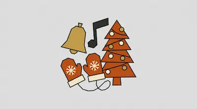 Flat illustration of a brown Christmas tree, a gold bell, and red mittens with snowflakes on a gray background