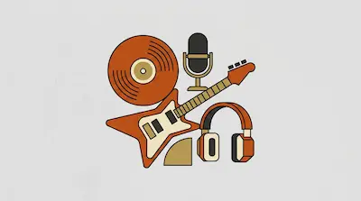 Flat illustration of an electric guitar, vinyl record, microphone, and headphones in orange and tan tones