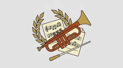 Flat illustration of a copper trumpet, sheet music, a conductor baton, and a golden laurel wreath on a gray background